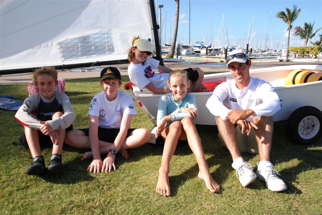 Optimist Sailors James Job, Andrew Warneke, Haylie Andrews, Hannah Bates with Mat Belcher - Photo Suellen Hurling © Suellen Hurling 